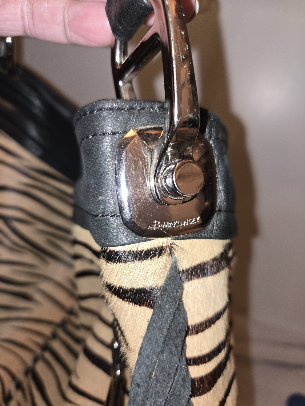 B. Makowsky Leather/Hair calf Zebra Print Black Trim FRINGE Hobo Bag. GUC - Picture 3 of 9